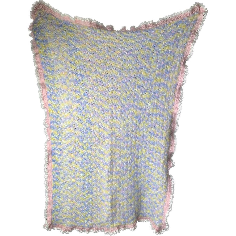 Handmade Crochet Baby Blanket Girl Pink White Blue Ruffed Trim Hygge Soft Fuzzy